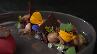 Fein dekoriertes Dessert mit Schokolade, essbaren Blüten und Kräutern auf grauem Teller