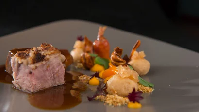 Gourmetgericht mit gebratenem Fleisch, Sauce und künstlerisch angerichteten Beilagen