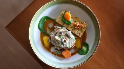 Fein angerichtetes Gericht mit Pilzsauce, Gemüse und Brot auf weißem Teller