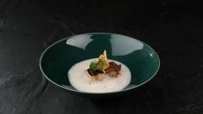 Fein angerichtetes Gourmetgericht in grünem Teller mit Schaum und Kräutern