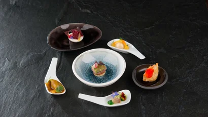 Fein angerichtete Gourmet-Häppchen auf einem dunklen Steinuntergrund